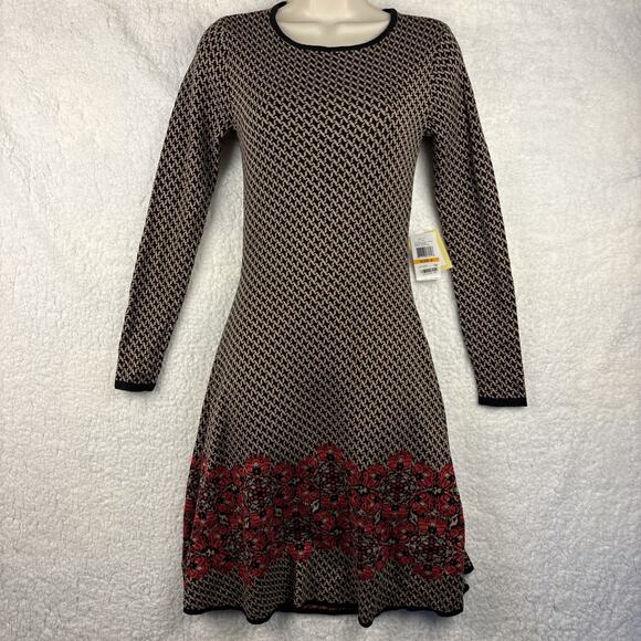 Eci New Small Sheath Dress Pullover Midi Long Sleeve Tan/Black/ Red Retail $70 - Picture 1 of 12